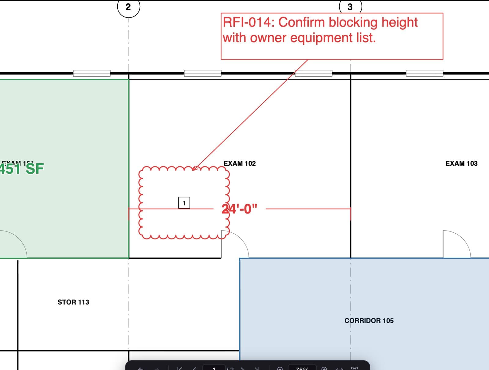 An RFI cloud and callout on an exam room, with a 24 foot dimension